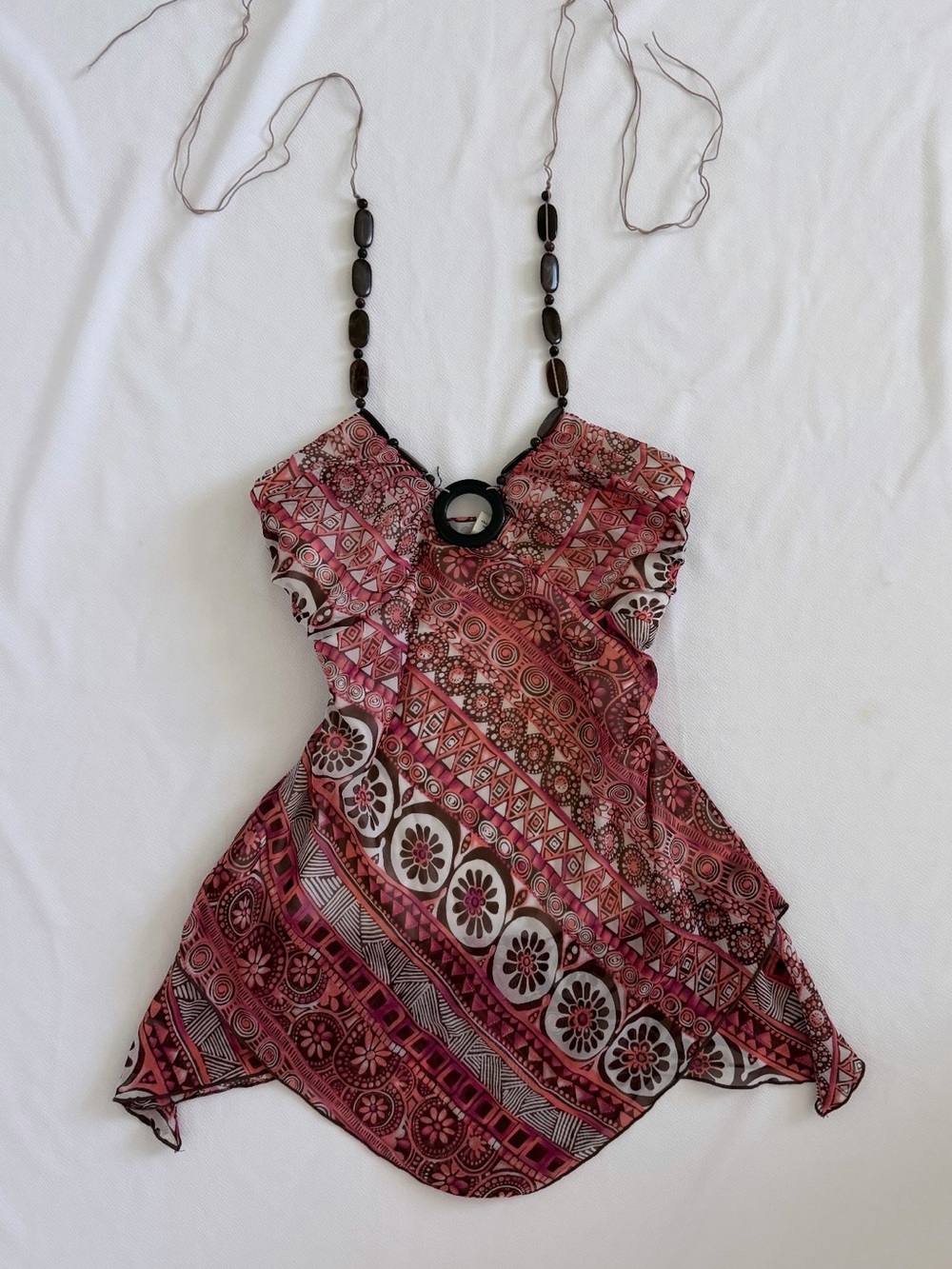 Vintage Charlotte Russe Pink Brown Printed Halter Top Beaded